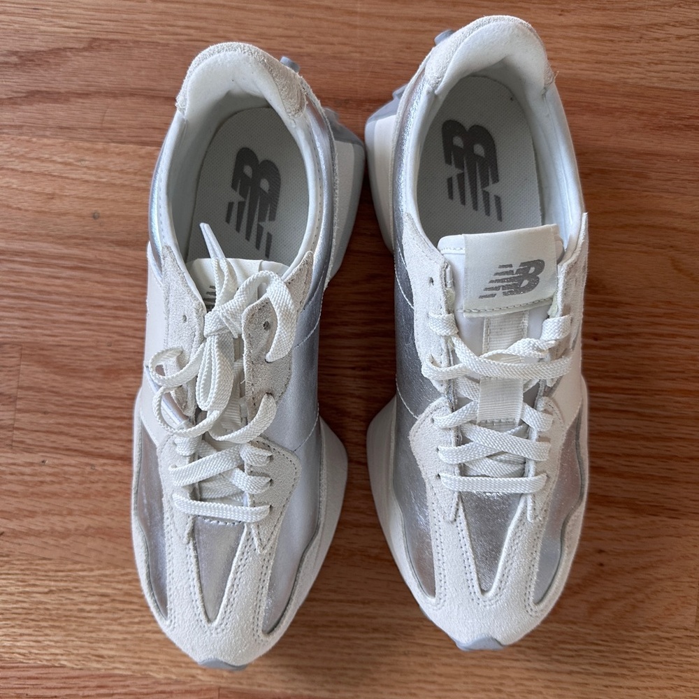 New Balance White and Silver Sneakers